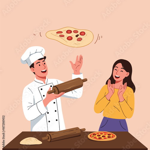 Professional chef skillfully tossing pizza dough in the air as an amazed woman watches.