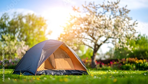 Tranquil camping escape under the warm glow of the sun amidst a blossoming orchard
