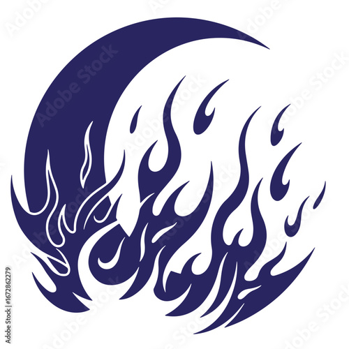 Abstract blue flame design with crescent moon shape on a clean white background