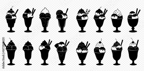 Black silhouette illustration of various ice cream sundaes in footed glasses, some with toppings and straws.