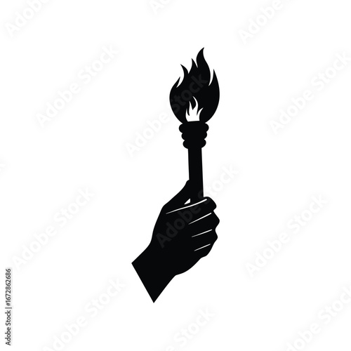 Black and white silhouette of a hand holding a burning torch;  powerful symbol of leadership, freedom, and hope.
