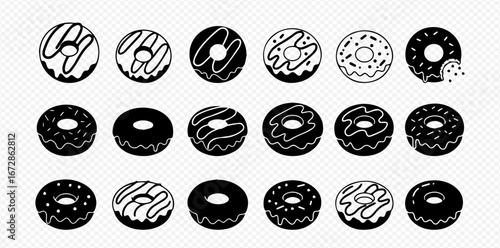 A collection of black and white donut icons with various toppings and designs.