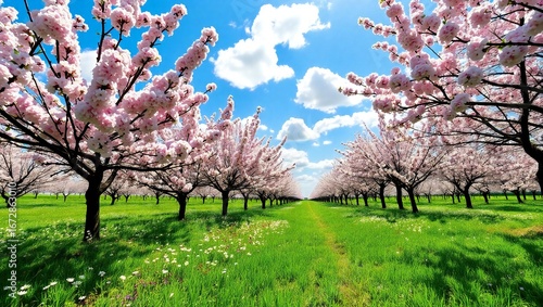 Blooming cherry blossom trees in a lush green field under a blue sky
