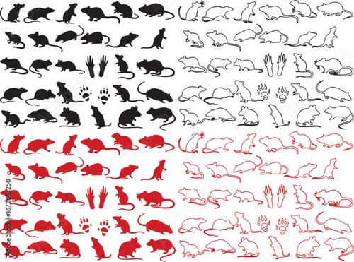 rat, mouse, rodent, animal, silhouette, outline, illustration, drawing, graphic, design, element, collection, set, paw print, footprint, running, standing, walking, black, red, white, vector, icon, na