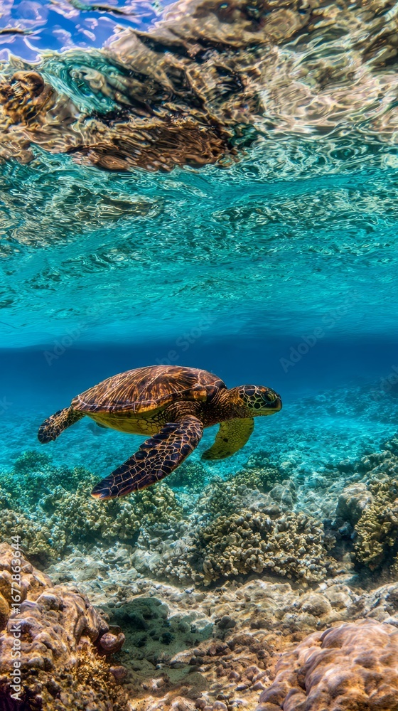 Obraz premium Green sea turtle gliding through clear ocean waters, surrounded by dappled sunlight and coral. 