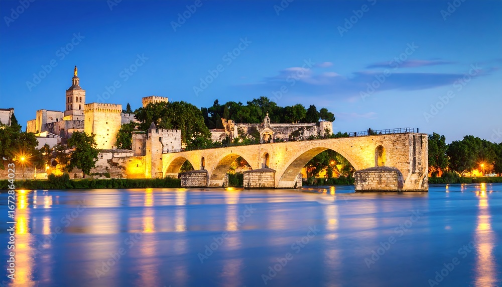 Obraz premium Pont Saint Benezet Avignon France at Dusk with River Rhone Reflection.