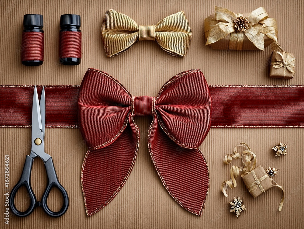Fototapeta premium Basic Wrapping Materials Arrangement on Brown Paper Background - Gold Ribbon, Red Bow Tie, Scissors & Small Wrapped Gifts (Gift Wrap Theme)