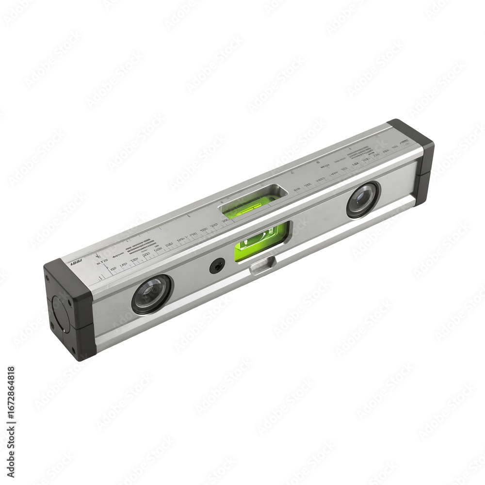 Fototapeta premium Silver Spirit Level with Green Bubble on white Background