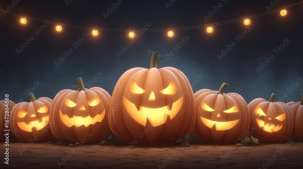 Fototapeta premium Spooky Halloween Pumpkins with Jack-o'-Lantern Faces Illuminated in a Dark Atmosphere
