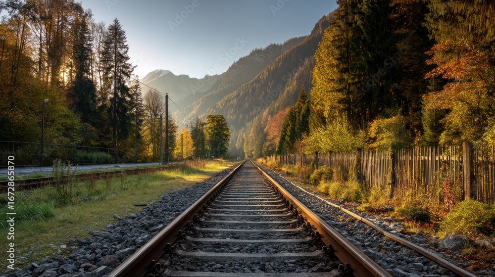 Fototapeta premium Autumn railroad track through forest