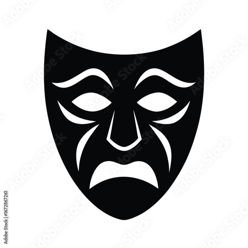 Tragedy Mask Icon: Black and White Vector Illustration of a Sad Theatrical Mask