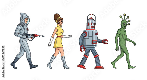 Retro SciFi Characters Walking with White Background.