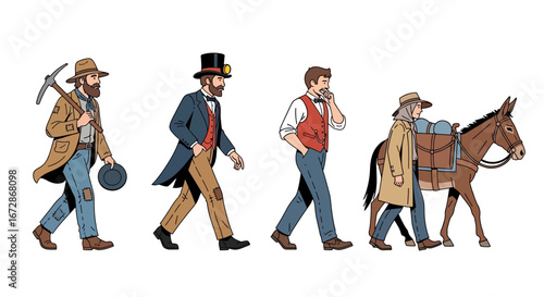 Gold Rush People Walking with Isolated Vector.
