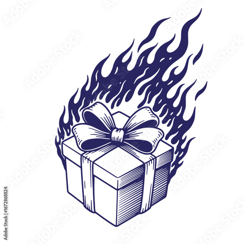 Burning gift box illustration with detailed ribbon and surrounding fire in engraved style