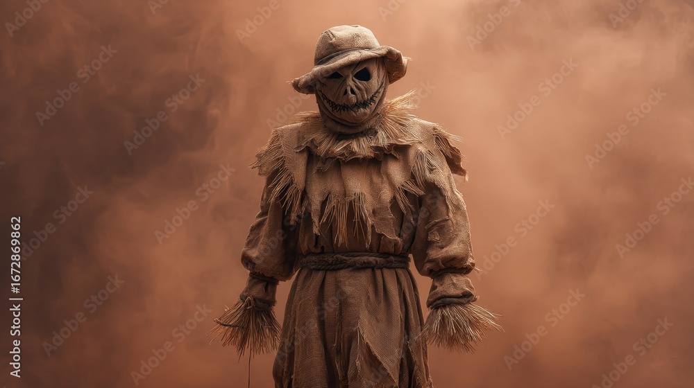 Fototapeta premium Eerie Scarecrow Figure in Foggy Atmosphere with Dark Brown Tones and Rustic Details