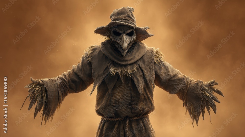 Fototapeta premium Mysterious Scarecrow with Dramatic Background and Eerie Atmosphere in a Harvest Landscape