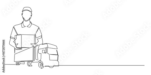 Continuous one line drawing of delivery man holding package with cargo truck. Minimalist vector illustration symbolizing logistics, shipping, transportation, courier service, and supply chain.