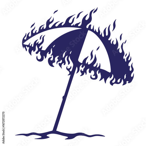 Conceptual illustration of a burning beach umbrella symbolic of overheated summer or climate change