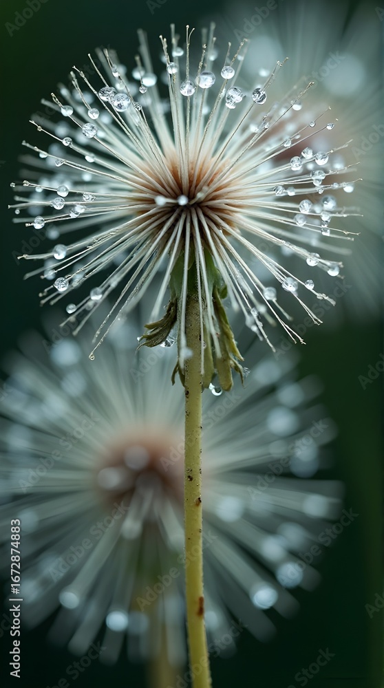 Naklejka premium Delicate dandelion seedhead glistening with fresh morning dew drops reflecting light in a peaceful garden scene