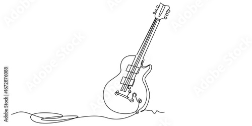 Continuous line drawing of an electric guitar with a cable. Minimalist one-line vector illustration, perfect for music, rock, concert, instrument, or artistic music-related designs and themes
