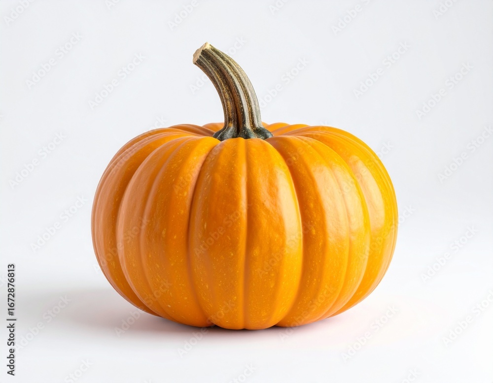 Obraz premium A single, ripe, orange pumpkin with a curved stem, isolated against a plain white background.