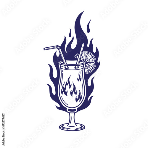 Flaming cocktail illustration in a vintage tattoo style design for summer beverages
