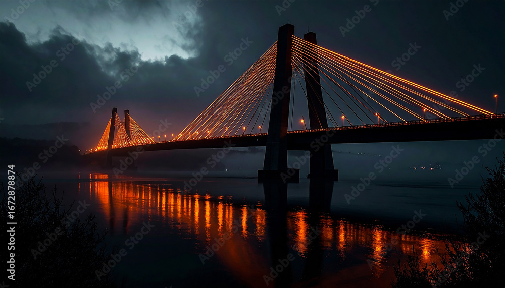 Obraz premium Majestic illuminated cable stayed bridge over calm water on a cloudy night.