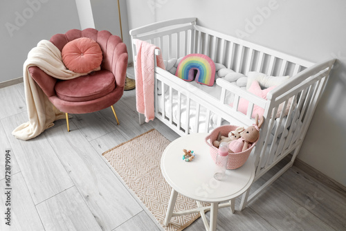 Interior of nursery with cr...