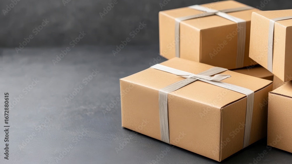 Fototapeta premium Brown Craft Boxes with Ribbons on Dark Background for Packaging Needs