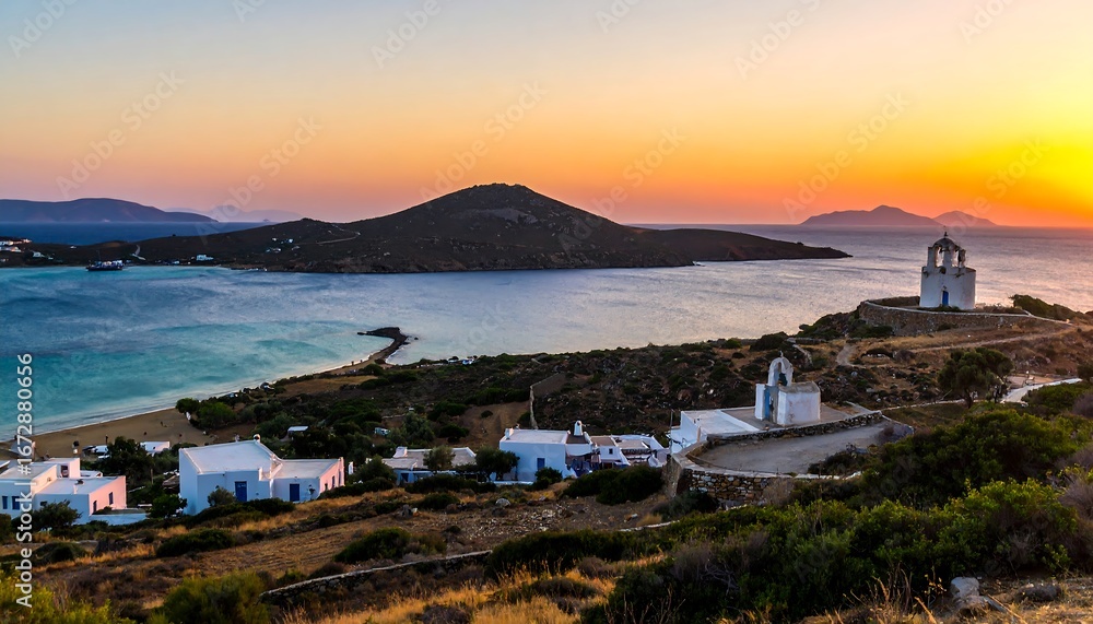 Fototapeta premium Serene Greek Islandscape at Sunset: A Captivating View of Church and Tranquil Coastline