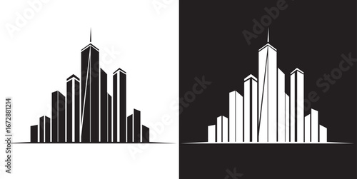 Minimalist building logo design in black and white, modern cityscape icon with skyscrapers and office buildings, simple city skyline silhouette for architecture and real estate branding.