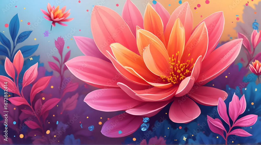 Fototapeta premium Blooming Flower with Colorful Petals and Leafy Background