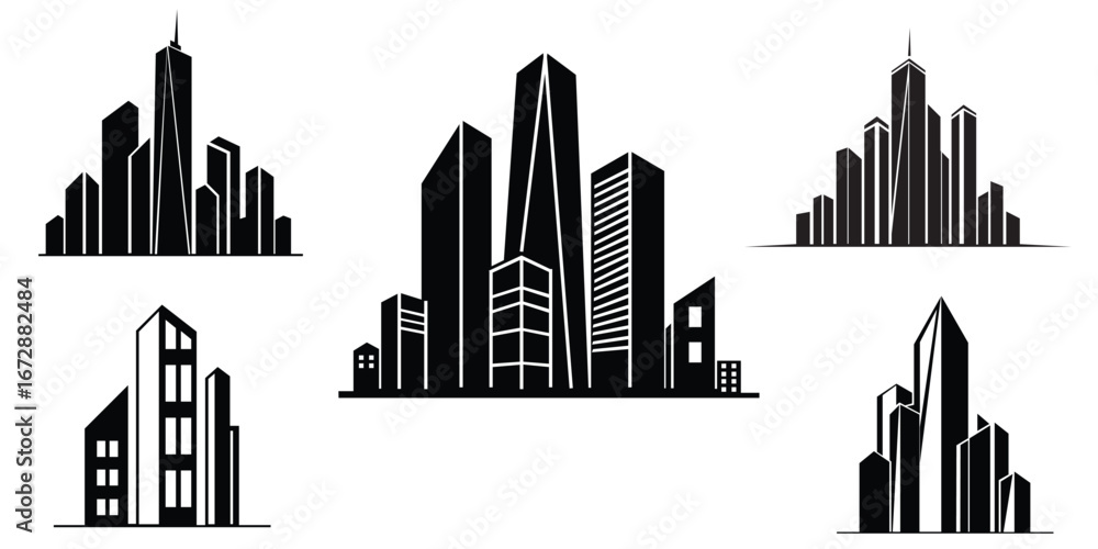 Fototapeta premium Collection of types of silhouettes of modern skyscrapers and office buildings, black and white city skyline illustrations, minimalist urban architectural designs for real estate branding, business and