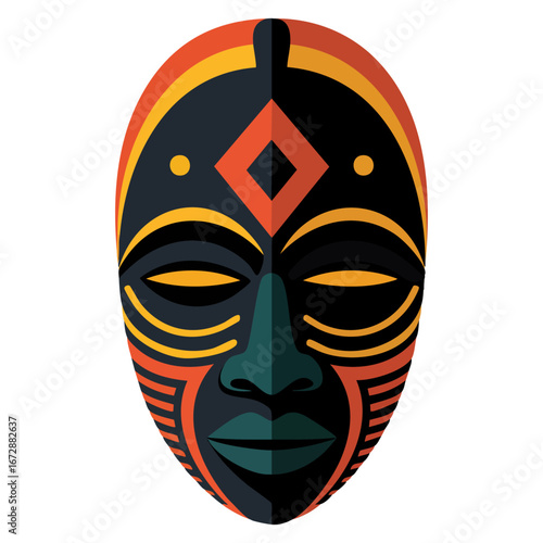 African ethnic tribal masks set on colour background, flat icons of ritual symbols ideal for culture, tradition, and African art themed designs.