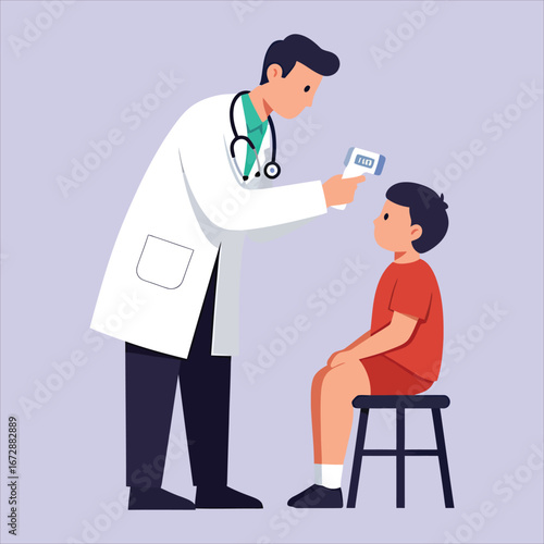 A compassionate medical professional, a doctor, is taking a child's temperature with a digital thermometer during a health checkup to monitor well-being