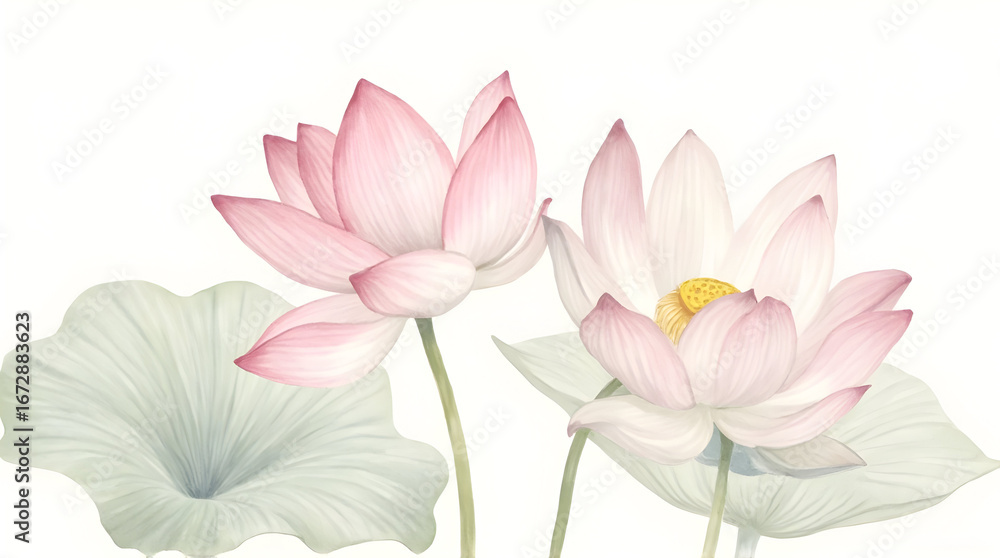 Naklejka premium Blooming Lotus Flowers with Green Leaves Watercolor Illustration