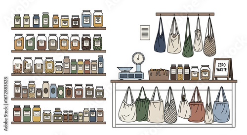 Sustainable Grocery Store Illustration Showcasing Eco-Friendly Shopping and Zero Waste Lifestyle for Educational Material and Environmental Campaigns
