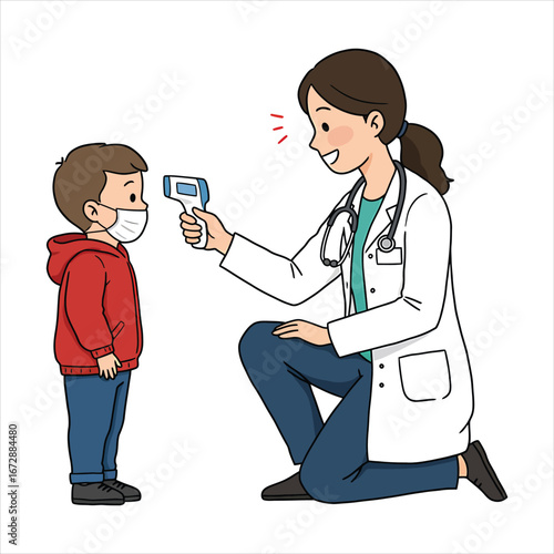 Doctor taking a child's temperature with a digital thermometer to check for fever and illness in a clinic setting