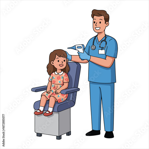 Doctor taking a child's temperature with a digital thermometer during a pediatric checkup, ensuring the little girl feels comfortable
