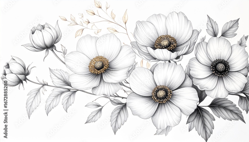 Obraz premium Elegant Black and White Floral Illustration with Delicate Anemone Flowers and Leaves.