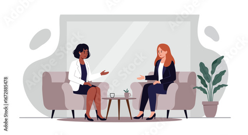Two businesswomen having a meeting to discuss business strategy in modern office setting, collaboration and partnership
