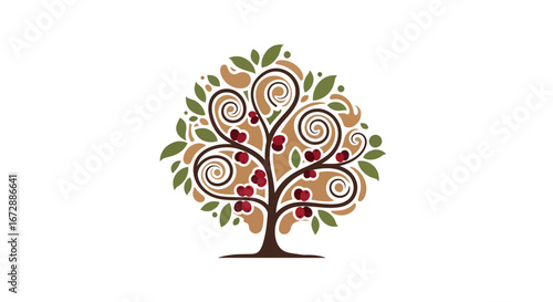 Artistic Tree Design, Nature, Decorative Illustration, Vibrant Colors, Graphic Artwork, Creative Viewpoint, Symbolizing Growth and Life