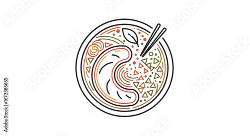 Noodle Bowl Presentation, Restaurant Setting, Illustration, Modern Design, Top View, Food Aesthetics