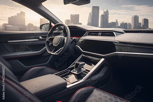 Wallpaper Mural Interior of a luxury sport car with dashboard and steering wheel, city skyline in background, design for automotive industry. Torontodigital.ca
