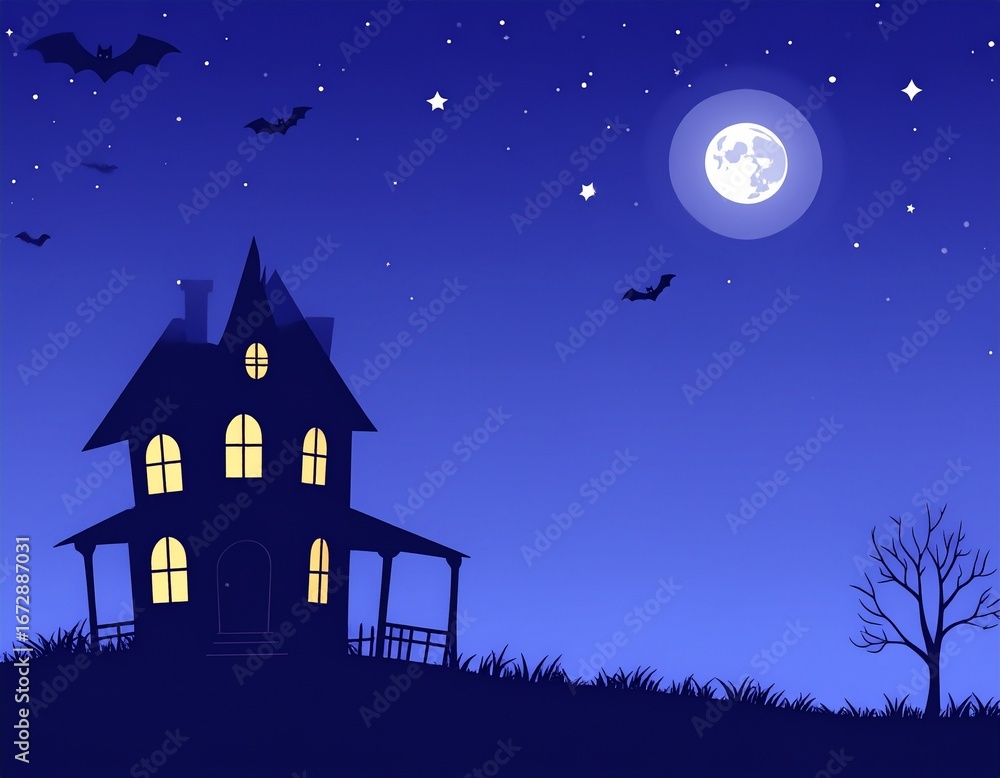 Naklejka premium A spooky haunted house on a hill under a full moon and starry night sky with flying bats.