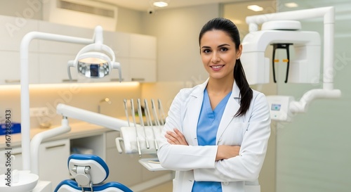 A dentist smiling in her office with equipment and tools in the background with her arms crossed