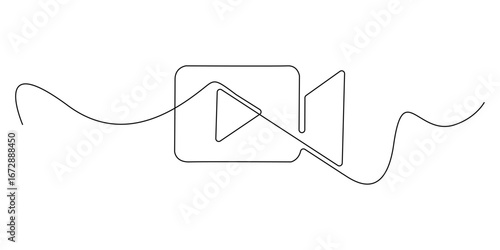 Continuous one line drawing of a video camera icon with play symbol. Minimalist outline style representing filming, recording, media, movie, or video content creation