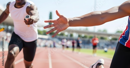 A runner passes the baton to a teammate during a relay race on an outdoor track at a stadium