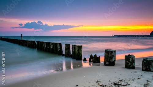 Fototapeta Naklejka Na Ścianę i Meble -  Serene Sunset at the Baltic Sea Coast with Wooden Breakwaters Landscape