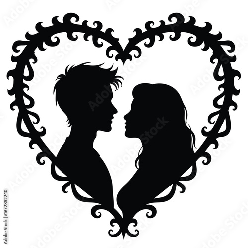 Black silhouette couple facing each other inside ornate heart frame